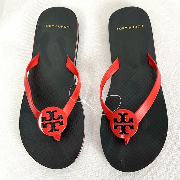 Tory Burch Minnie Flip Flops Sz 5 Logo Red Grenadine Thongs New Flat Sandals - Picture 2 of 8